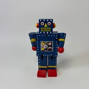 4/$25 - Original Toy Company Wood Mini Robot Blue Red Poseable 4.5” X-7‎